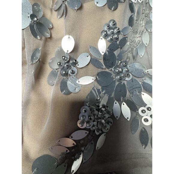 Mignon for Neiman Marcus Embellished Cocktail Dress Silver Sequin Sheer Overlay - Picture 13 of 14